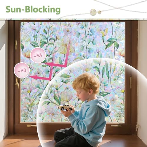 Finnez Stained Glass Window Film, Floral Rainbow Sticker, 17.5″ x 157.4″ - Image 4