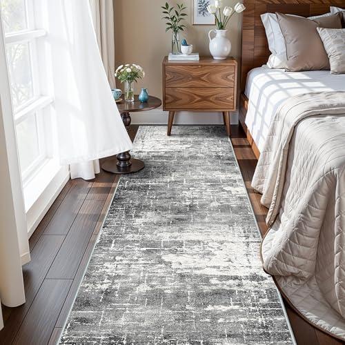 Washable 2X10 Kitchen Area Rug: Entryway Abstract Rug Runner Soft Bedroom Besides Floor Mat Non-Slip Indoor Farmhouse Carpet for Bathroom Living Room Stain Resistant Runner for Family(2x10,Black/Grey) - Image 2