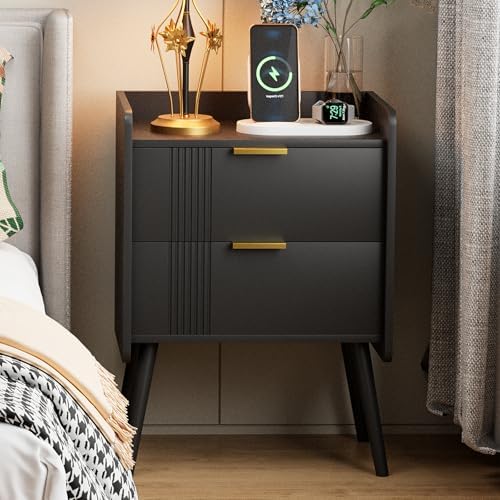Aenuert Black Nightstand Modern Bedside Table with 2 Storage Drawer, Small Night Stand, Wooden Sofa Side Table for Bedroom, Study Room and Small Spaces by Aenuert