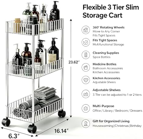 Sooyee Slim Clear 3-Tier Plastic Rolling Utility Cart with Wheels - Image 5