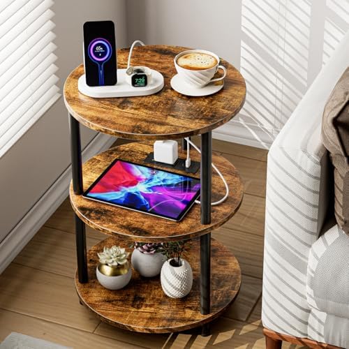 XBurmo Small Round End Table - 3 Tier Design Accent Table, Narrow Side or Bedside Stand, Industrial Vintage Table for Small Spaces, Built-in USB Ports and Power Outlet, Rustic Brown by XBurmo