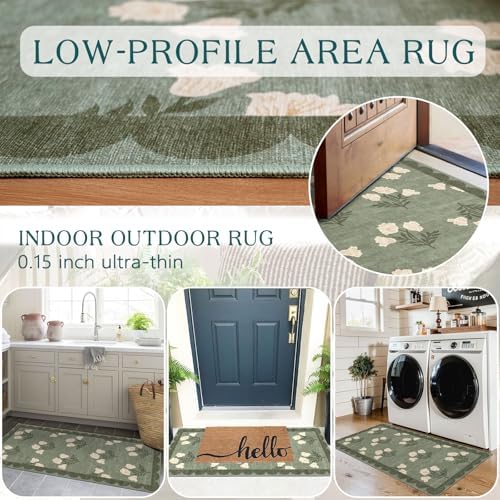 Front Door Mat Indoor Entrance - 2x4.3 Sage Green Boho Floral Rug - Image 5