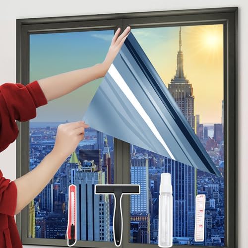 One-Way Window Privacy Film with 4 Tools,Static Cling and Easy to Install, Window Tint for Home, Heat Control, UV and Light Blocking, Privacy Protection-Blue-Silver 35.43"x196.9" by HeiWinner