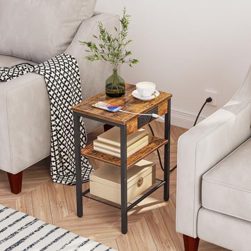 HOOBRO Side Table with Charging Station and USB Port, Small End Table for Small Space, 3-Tier Nightstand with Adjustable Shelf, for Living Room, Bedroom, Rustic Brown BF112BZ01 - Image 5