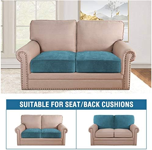 H.VERSAILTEX Velvet Stretch Couch Cushion Cover Plush Cushion Slipcover for Chair Loveseat Sofa Cushion Furniture Protector Seat Cushion Sofa Cover (2 Piece Large Sofa Cushion Covers, Peacock Blue) - Image 3