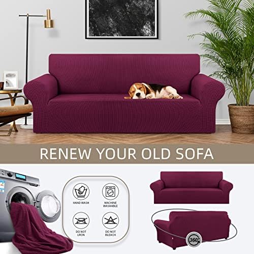 KEKUOU Stretch Couch Covers for Sofa, 3 Cushion Couch Slipcover,Wine - Image 3