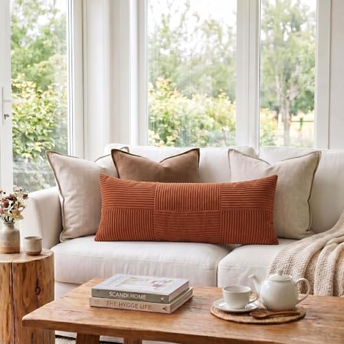 Fancy Homi Set of 2 Rust Boho Long Lumbar Body Decorative Throw Pillow Cover 14x36 Inch for Bed Couch Bedroom Bench, Soft Patchwork Corduroy Textured Pillow Case, Rustic Farmhouse Room Décor - Image 2