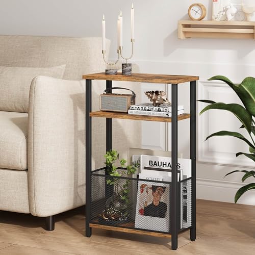 MMEOLUOOK Narrow Side Table with Storage Basket Skinny End Tables for Smalls Spaces 3 Tier Sofa Table Small Nightstand Slim Bedside Table for Living Room Bedroom Rustic Brown MLBZ22RB - Image 6