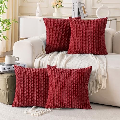 Set of 4 Burgundy Decorative Throw Pillow Covers 26x26 Inch Corduroy Pillow Covers for Bed Couch Sofa Living Room Soft Square Cushion Cases by Cozoomy