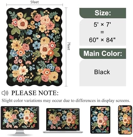 DUKINO 5x7 Area Rugs for Bedroom, Floral Washable Rug Non Slip, Black - Image 2