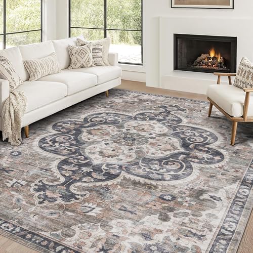 ReaLife Rugs Machine Washable Area Rug - Living Room Bedroom Bathroom Kitchen Entryway Office - Padded Low Pile Stain Resistant Premium - Boho Farmhouse Vintage - Joy - Brown Beige 4' x 6' by ReaLifeRugs