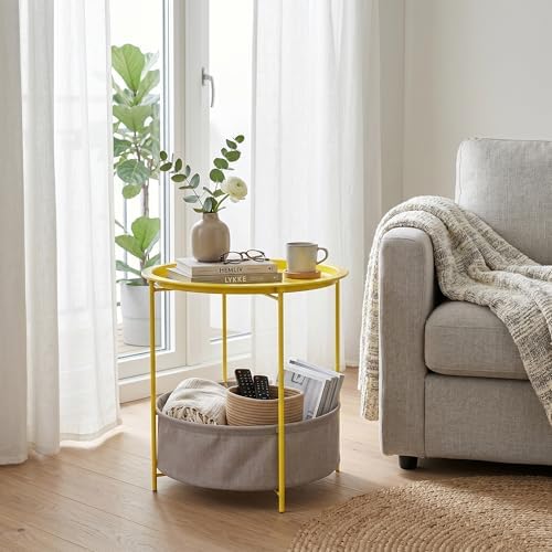 VECELO Round Side/End Table with Fabric Storage Basket，Metal Anti-Rust and Waterproof Small Bedside Nightstand with Removable Tray Top for Living Room，Balcony & Laundry，Yellow /2pcs with Basket - Image 6