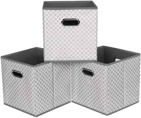 Black Foldable Storage Cubes Bins, Fabric Storage Box Cubes Organizer Baskets with Dual Handles for Home Organizer,Set of 3,(Grey Light) by HEAYEEG