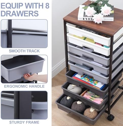 SYKIARIOL Rolling Cart with Drawers,8 Drawers Utility Cart,Grey Gradient - Image 3