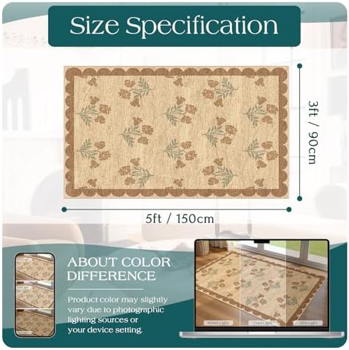 3x5 Floral Entry Rug - Small Washable Indoor Outdoor Mats for Front Door Non-Slip Jute-Look Porch Rug Boho Tan Scalloped Throw Rugs for Living Room Bedroom Entryway Kitchen Office Porch Decor - Image 2