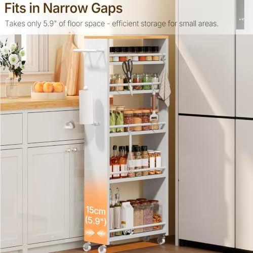 YATINEY 6 Tier Slim Storage Cart, Narrow Kitchen Cart with Wheels, Rolling Utility Cart with Handle and 6 Hooks, Space Saving Organizer for Kitchen, Bathroom, Laundry Room, White BC11WN - Image 3