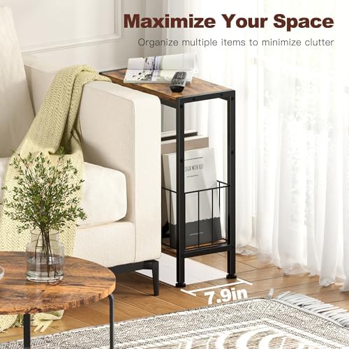 Narrow Side Table, Skinny End Tables with Magazine Holder, Small Sofa Table for Small Spaces, Space-Saving Design, Slim Nightstand Bedside Table for Living Room, Bedroom, Office, Rustic Brown - Image 4