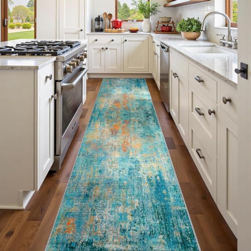 RELEANY Washable Runner 2'x8' Abstract Area Rug for Hallway Teal Multi by RELEANY