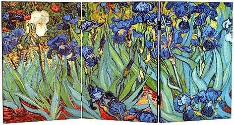 Red Lantern 2 ft. Short Double Sided Works of Van Gogh Canvas Folding Screen - Irises/Starry Night Over Rhone 3 Panel Freestanding Partition Separator for Modern and Contemporary Home, Office, Dorm by RedLantern
