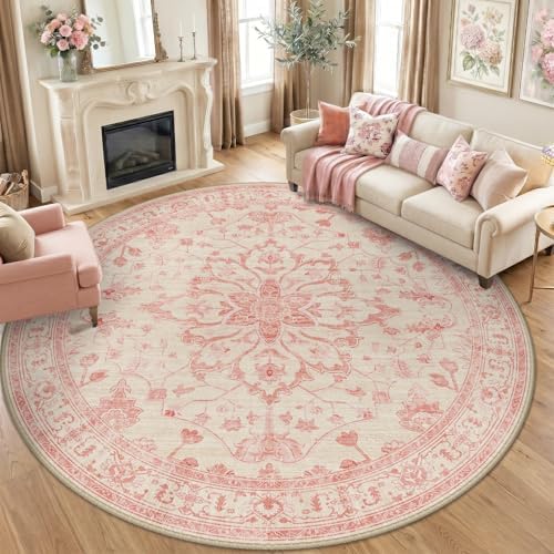 RELEANY Washable Area Rug, Round 8ft, Pink/Light Vintage Pink by RELEANY