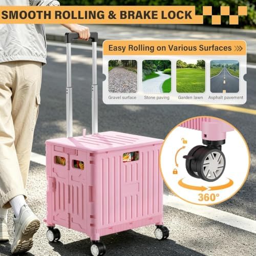 SUNALLY Folding Utility Cart Rolling Crate Handcart Shopping Trolley, Pink - Image 5