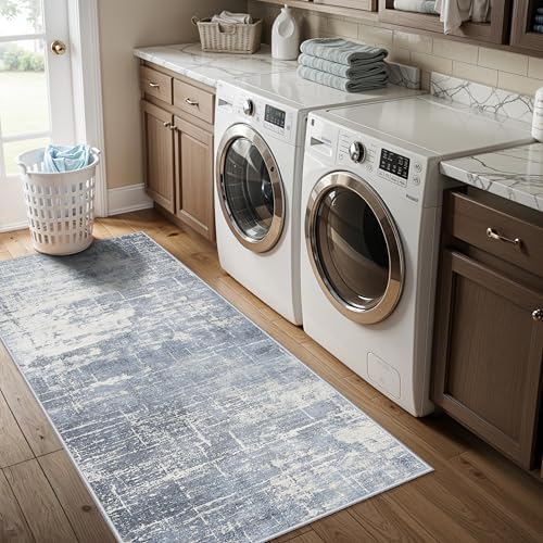 Washable 2x5 Abstract Hallway Runners: Indoor Water Resistant Kitchen Sink Rug Soft Living Room Bedroom Carpet Thin Low Pile Non Slip Floor Mat for Bathroom Entrance Laundry Room(2X5,Blue/Ivory) - Image 5