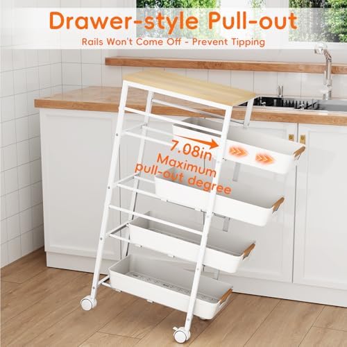 5-Tier Kitchen Storage Cart, Wood Top Rolling Cart Organizer with Pull-Out Baskets & Wheels, Metal Snack Cart with Holder for Fruit, Vegetable, Microwave, Kitchen, Pantry, White - Image 3