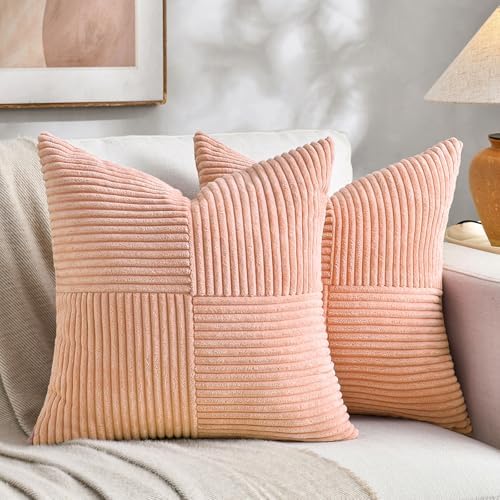 Fancy Homi 2 Packs Peach Big Decorative Throw Pillow Covers 24x24 Inch for Couch Bed Sofa, Rustic Farmhouse Boho Home Decor, Soft Corss Corduroy Patchwork Accent Square Cushion Case 60x60 cm by Fancy+Homi
