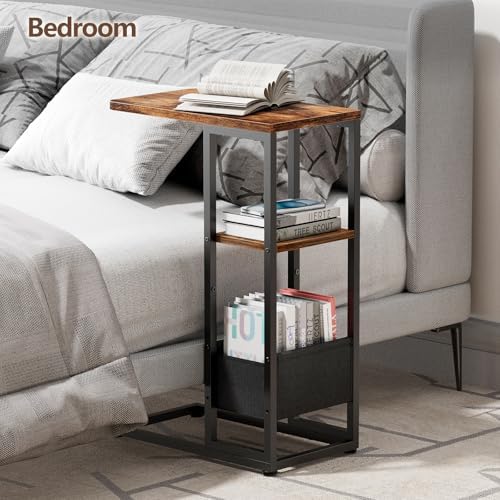 C Shaped End Table, Small Side Table for Couch, Recliner, Slide Under Sofa Tray Desk Snack Tables with Storage Bag for Living Room,Bedroom, Small Spaces - Rustic Brown - Image 6