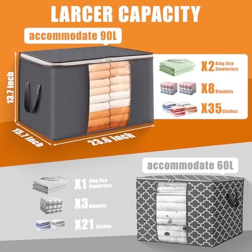 90L Large Foldable Storage Bags with Lids, 6 Pack - Closet Qrganizers and Storage Containers for Clothes, Blankets, Bedding | Reinforced Handles, Home Storage Bins, Gray - Image 2