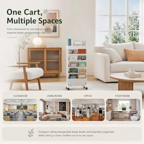 BYFU 6-Tier Rolling Bookshelf Cart, White - Image 6