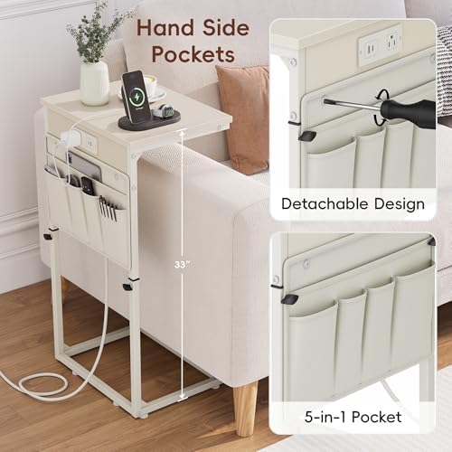 Vagusicc C-Shaped End Table with Charging Station, Small Side Table for Couch, 33" Tall C Table Adjustable Height Side Table, Couch Tables that Slide Under, Sofa Table TV Tray for Living Room, Cream - Image 6