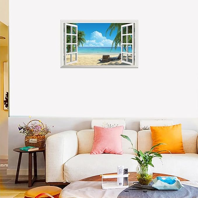 ‌Lmyhome Fake Window Wall Mural Summer Blue Sky White Beach (16"x24") | Peel and Stick Faux Window Wall Sticker Decal Poster for Bedroom Home Decor - Image 7