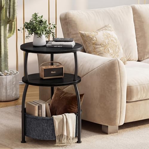 Round Side Table with Storage Basket, End Table Living Room, Black - Image 6