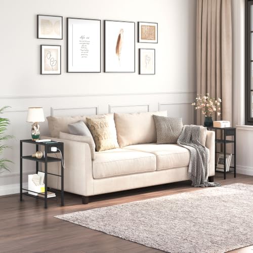 HOOBRO Small Narrow Side Table with Charging Station Set of 2, Skinny End Table for Small Spaces, Slim Nightstand with USB Ports Outlet, Sofa Beside Table with Storage Shelf BB102UBZP201 - Image 2