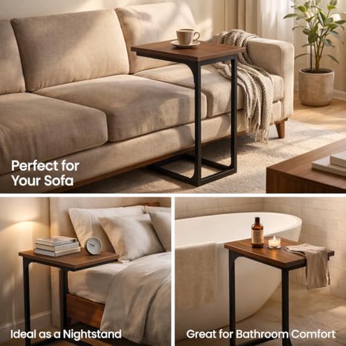 TEMI C Shaped End Table for Couch, Set of 2 Small Side Table for Sofa, TV Tray for Eating or Laptop, Accent Desk for Chair, Space Saving for Living Room Bedroom, Rustic Walnut - Image 6
