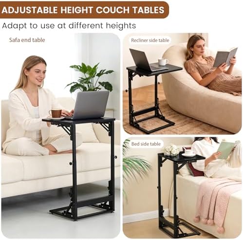 Folding Side Table, Adjustable C-Shaped End Table for Couch, Metal Frame TV Tray Table for Sofa Living Bedroom Bedside Coffee Small Spaces (Black, 15.8" L x 11.8" W) - Image 5