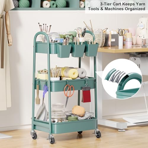 3 Tier Green Metal Rolling Cart with Lockable Wheels and Handle, 3 Tiered - Image 2