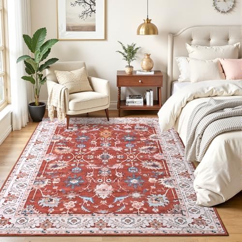 Hanples 4x6 Area Rugs for Living Room, Washable Rug Vintage Floral, Red - Image 2