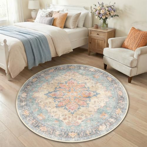 RELEANY Washable Area Rug, Round 4ft, Blue/Orange/Red by RELEANY