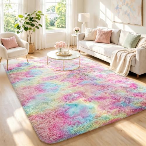Ophanie Rainbow Rug for Bedroom Girls,Unicorn Colorful Fluffy Soft Cute Fuzzy Area Rugs,Shag Plush Shaggy Bedside Floor 4x6 Furry Carpet for Kids Baby Teen Dorm Decor with Over 99 pcs Pile fibers by Ophanie