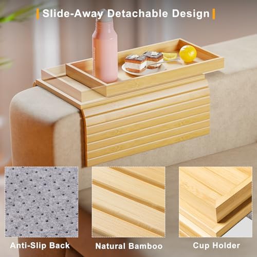 Bestjing 2 in 1 Bamboo Sofa Armrest Tray Table for Couch - Image 3