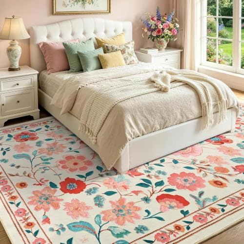 9x12 Ft Washable Area Rug for Living Room Beige Vintage Floral Carpet - Image 3
