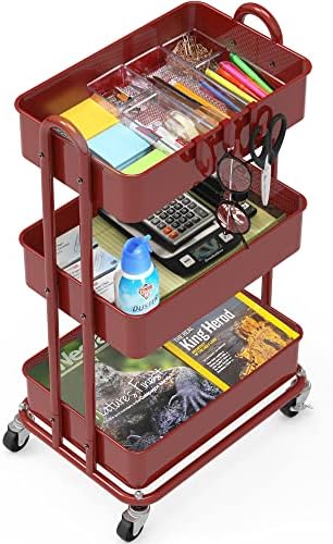 Simple Houseware 3-Tier Heavy Duty Metal Utility Rolling Cart, Red - Image 3