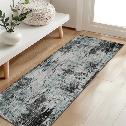 RELEANY Washable Runner 2'x6' Abstract Area Rug for Hallway Teal Black by RELEANY