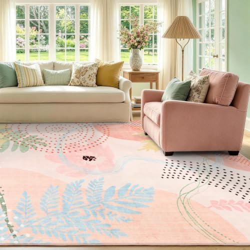 6x9 Ft Washable Area Rug for Living Room Cream Pink Modern Neutral Carpet - Image 4