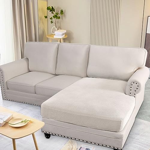 H.VERSAILTEX Super Stretch Individual Chaise Cover Sectional Couch Covers for L Shaped Sofa Both Left/Right Featuring Thick Jacquard Textured Twill Fabric (1 Piece Chaise Cover, Ivory) - Image 2