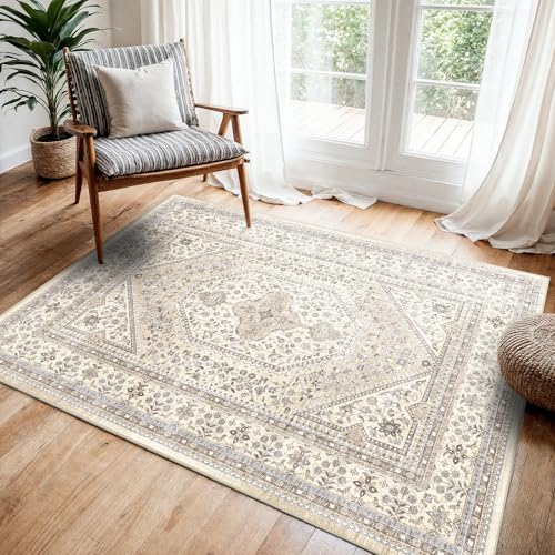 3x4 Washable Entryway Area Rug - Non-Slip Vintage Throw Rugs Beige Gray - Image 2