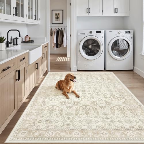 Soalmost 4x6 Area Rug for Living Room, Washable Rugs Non-Slip, Beige/Brown - Image 3