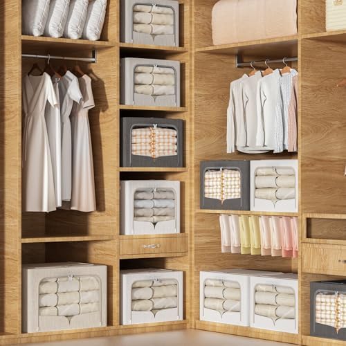 FHSQX 3 Pack Clothes Storage Bins Foldable Metal Frame Storage Box Stackable Linen Fabric Container Organizer Set with Carrying Handles and Clear Window (Cream White, 15.7x11.8x11.8inch(36L)) - Image 6